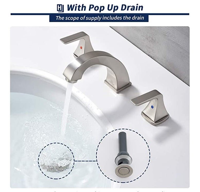 Evos Boutique chrome 3-hole bathroom faucet  running water zoomed in