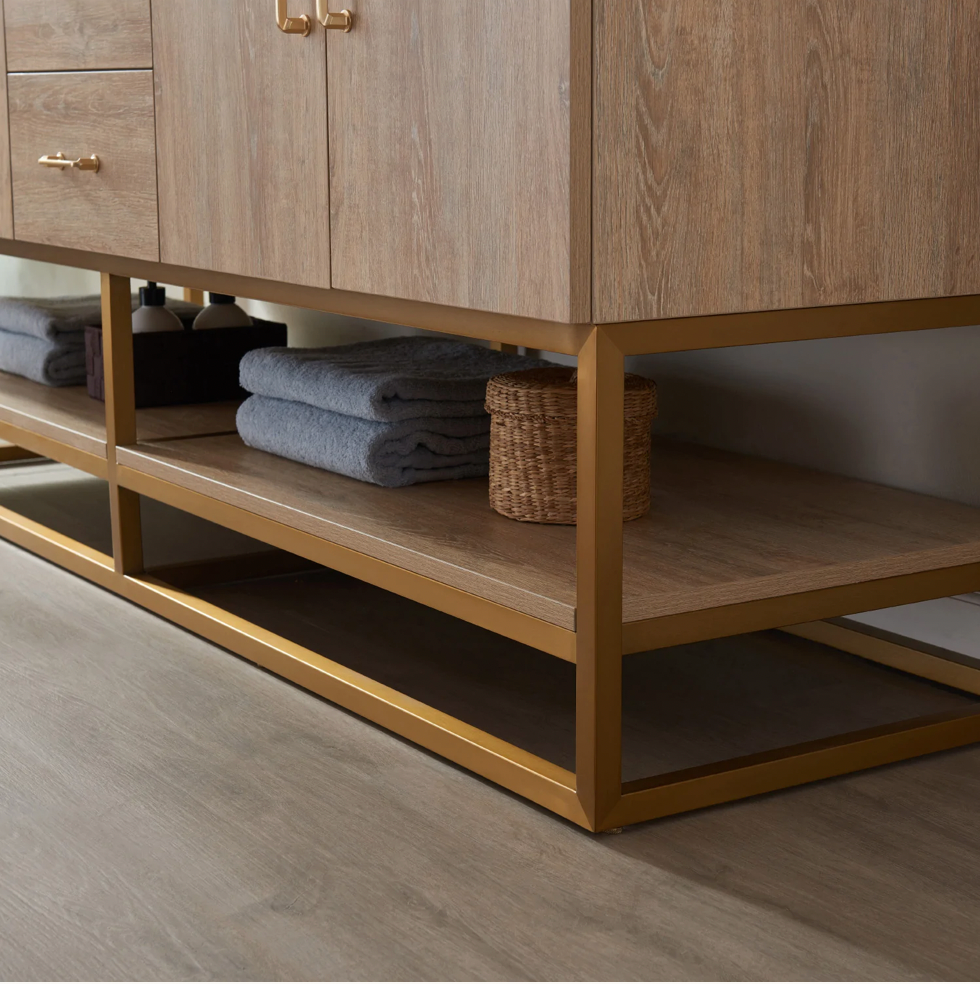 Evos Boutiques 60 in oak double sink bathroom vanity bottom view