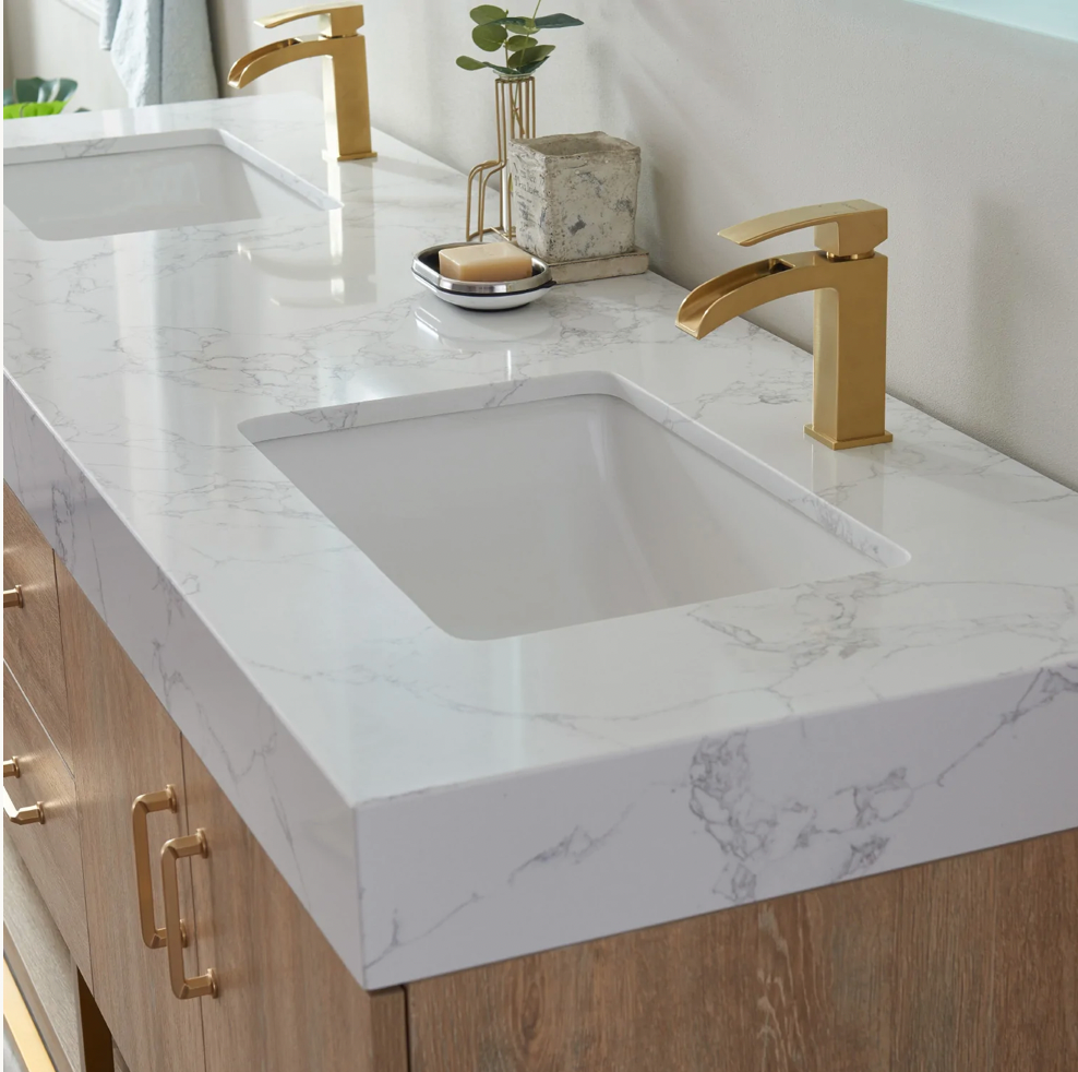 Evos Boutiques 60 in oak double sink bathroom vanity close up