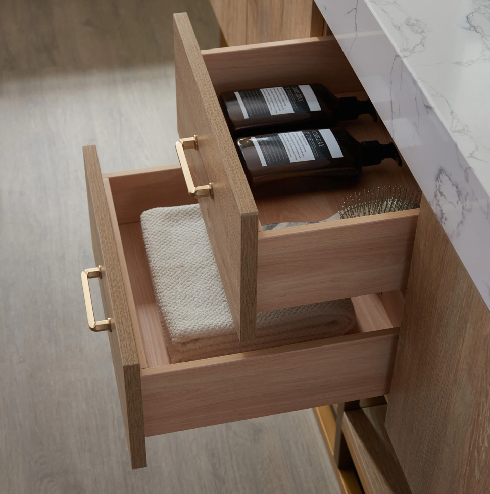 Evos Boutiques 60 in oak double sink bathroom vanity drawers open