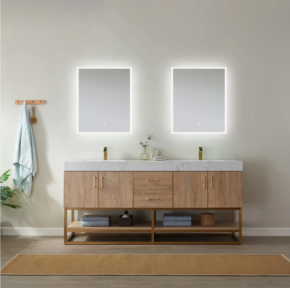 Evos Boutiques 60 in oak double sink bathroom vanity lights