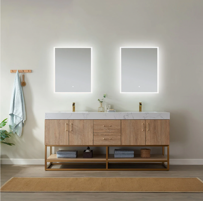 Evos Boutiques 60 in oak double sink bathroom vanity lights