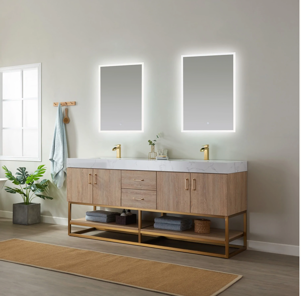 Evos Boutiques 60 in oak double sink bathroom vanity lights